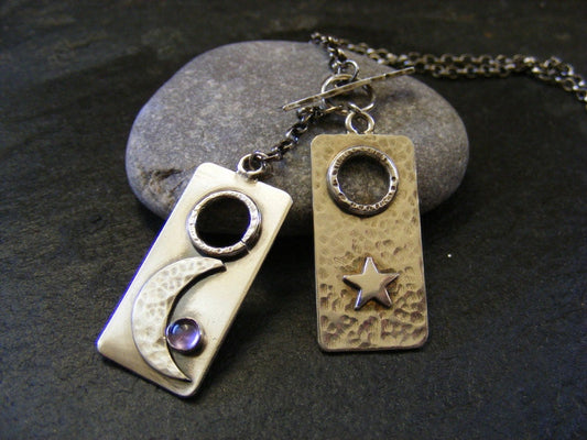 Silver Star and Moon Amethyst Double Tag Toggle Celestial Necklace