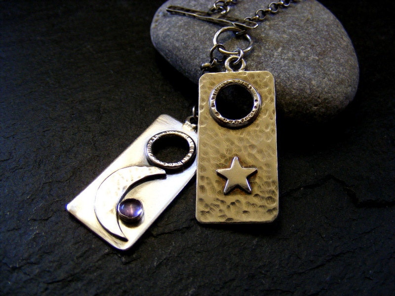 Silver Star and Moon Amethyst Double Tag Toggle Celestial Necklace