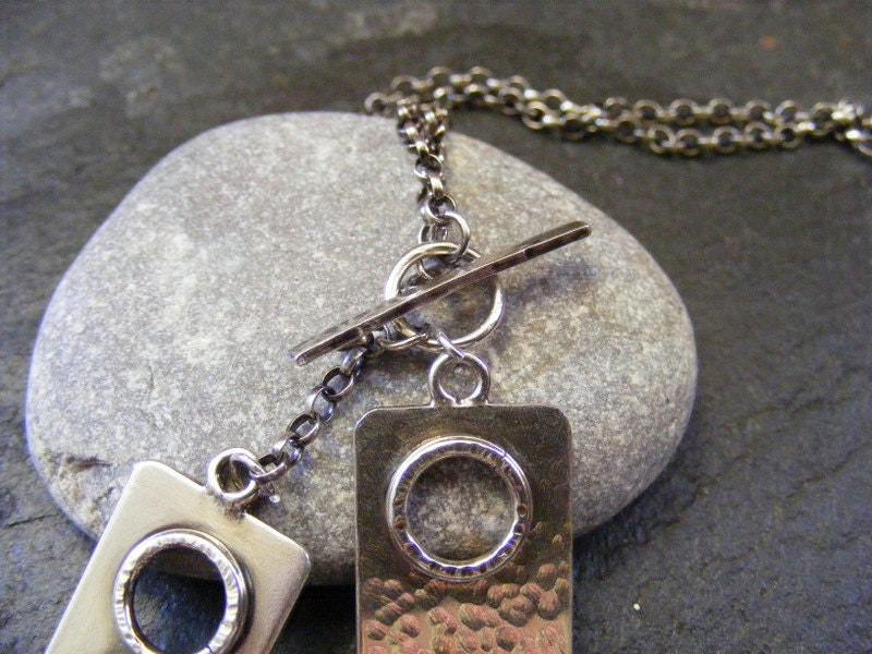 Silver Star and Moon Amethyst Double Tag Toggle Celestial Necklace