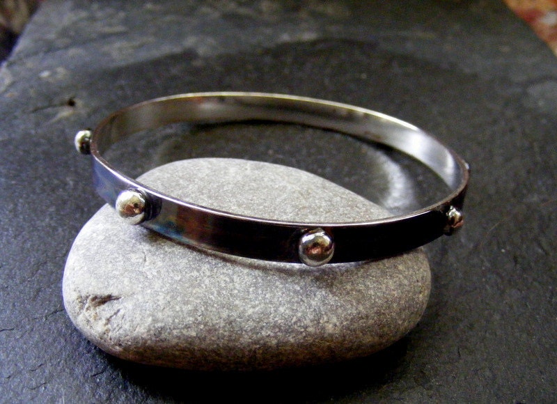 Silver oxidised Bangle with silver balls Black and Silver Bracelet Everyday Silver Bangle