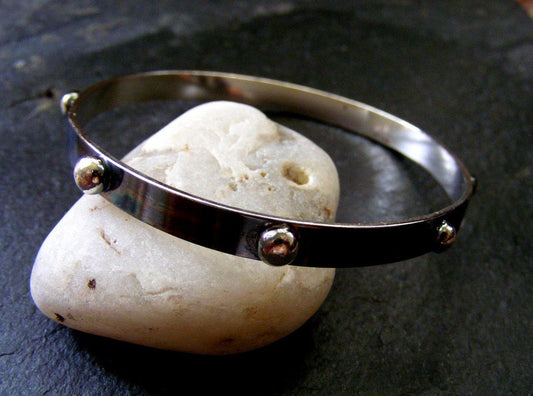 Silver oxidised Bangle with silver balls Black and Silver Bracelet Everyday Silver Bangle
