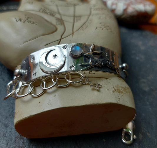Silver leaping hare with Moonstone and Stars, bar bracelet with star charm and and crescent moon