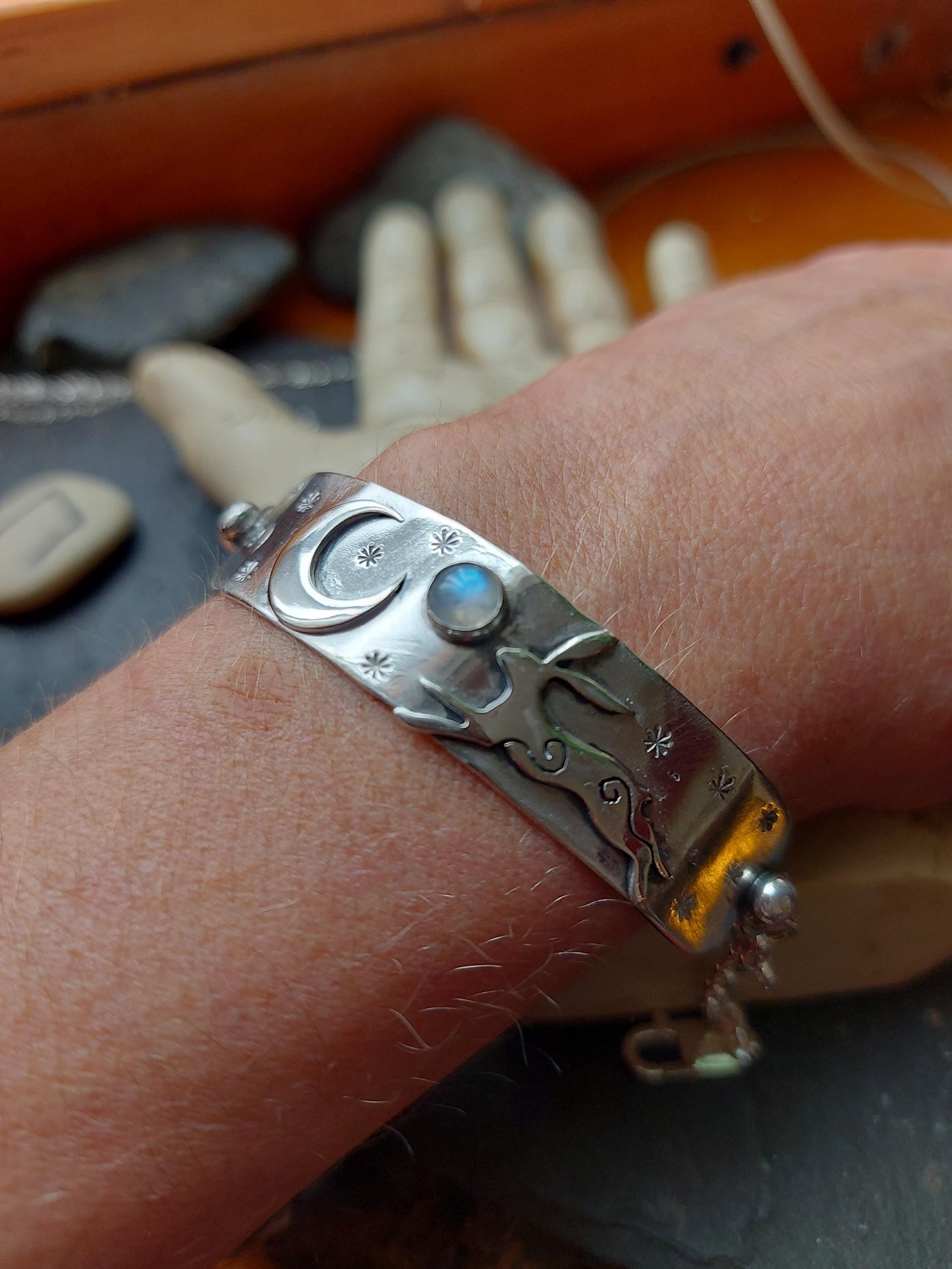 Silver leaping hare with Moonstone and Stars, bar bracelet with star charm and and crescent moon
