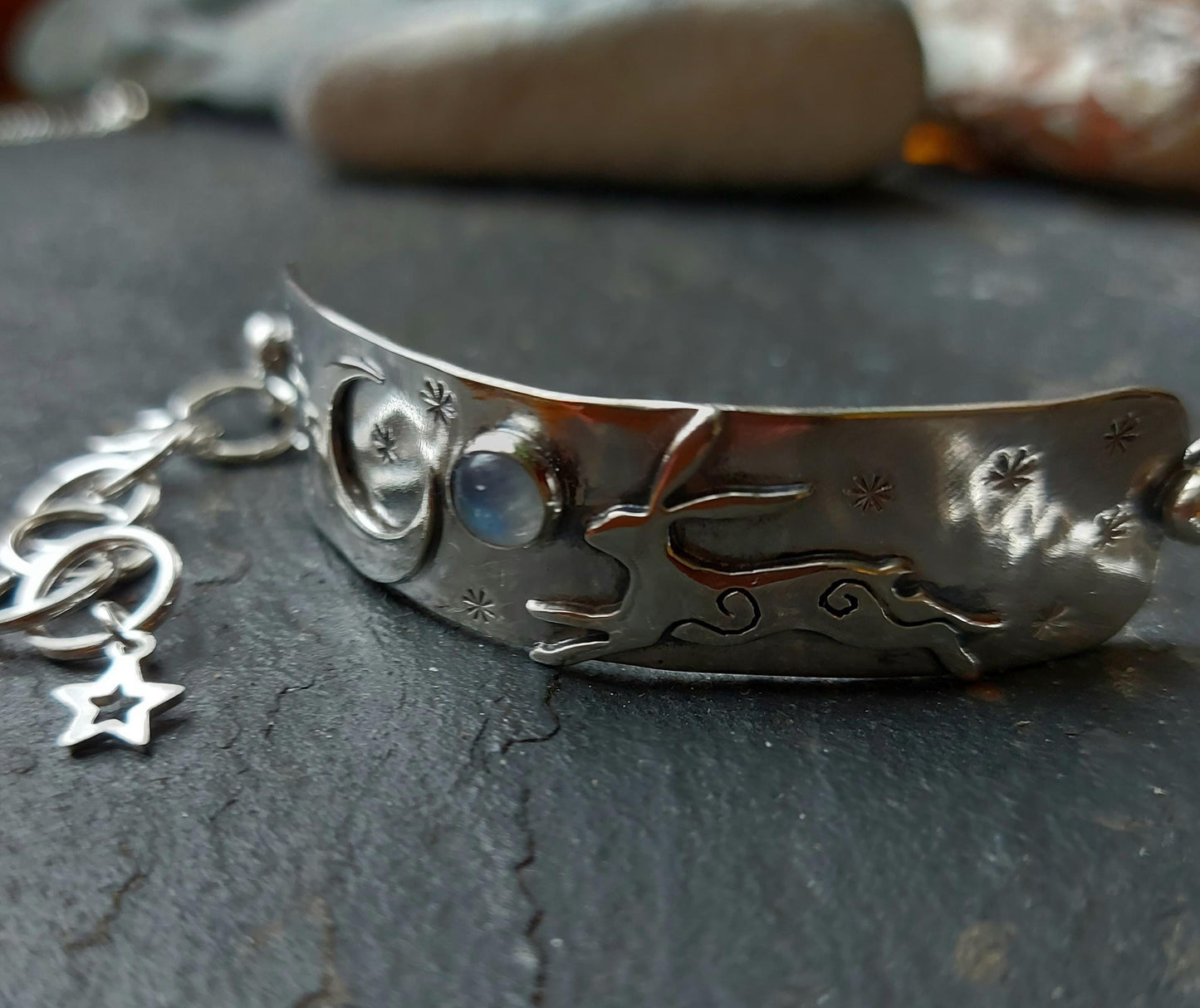 Silver leaping hare with Moonstone and Stars, bar bracelet with star charm and and crescent moon