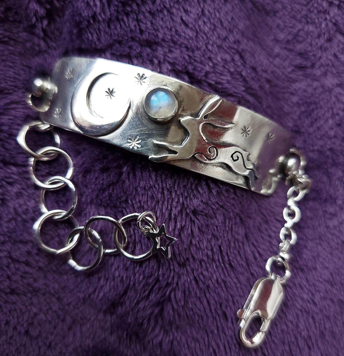 Silver leaping hare with Moonstone and Stars, bar bracelet with star charm and and crescent moon
