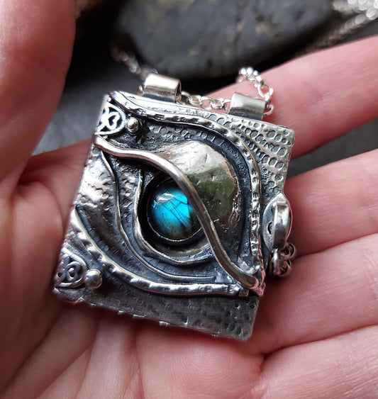 Sterling silver dragons eye locket with blue flash labradorite   Handmade silver locket with quote