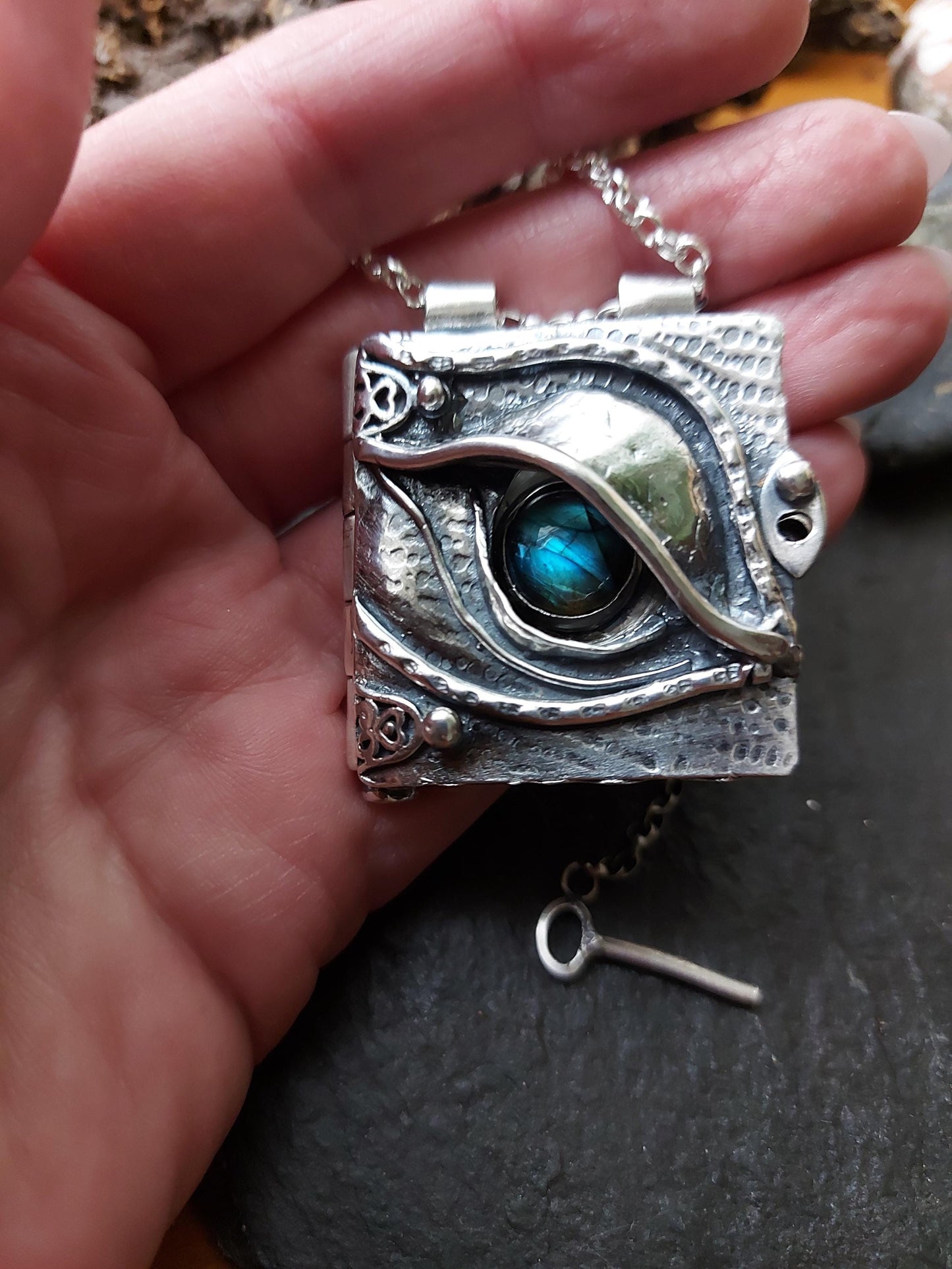 Sterling silver dragons eye locket with blue flash labradorite   Handmade silver locket with quote