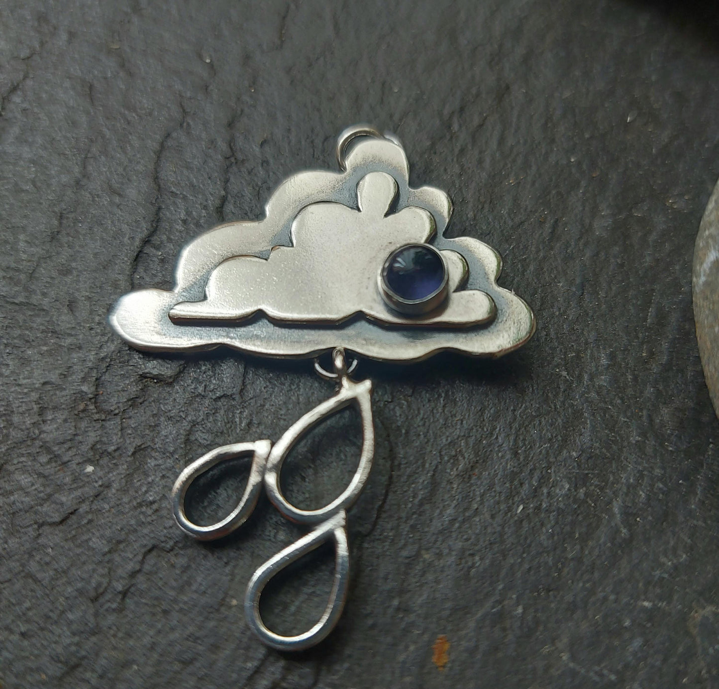 Silver cloud and raindrops necklace with iolite.,Sterling silver cloud with gemstone pendant