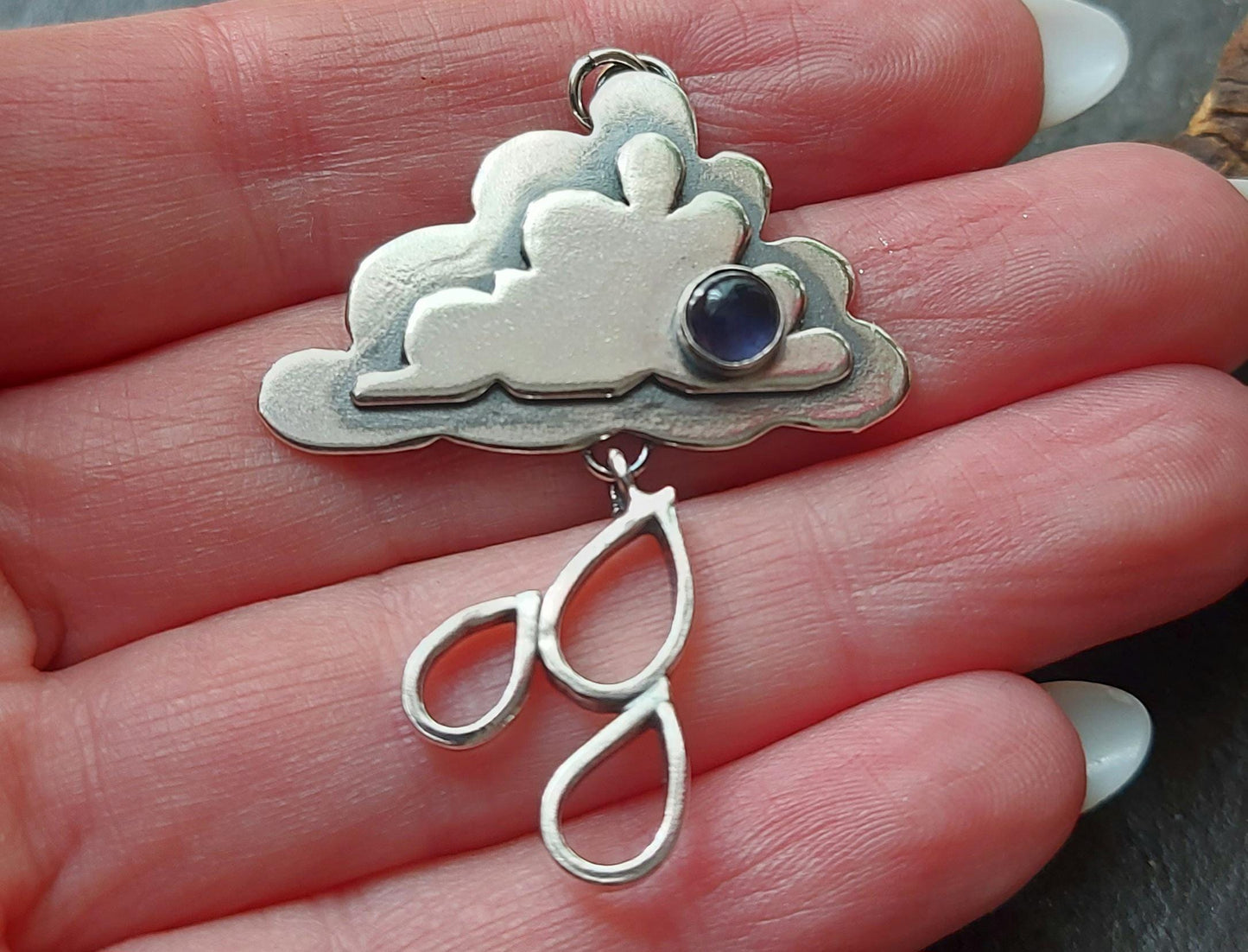 Silver cloud and raindrops necklace with iolite.,Sterling silver cloud with gemstone pendant