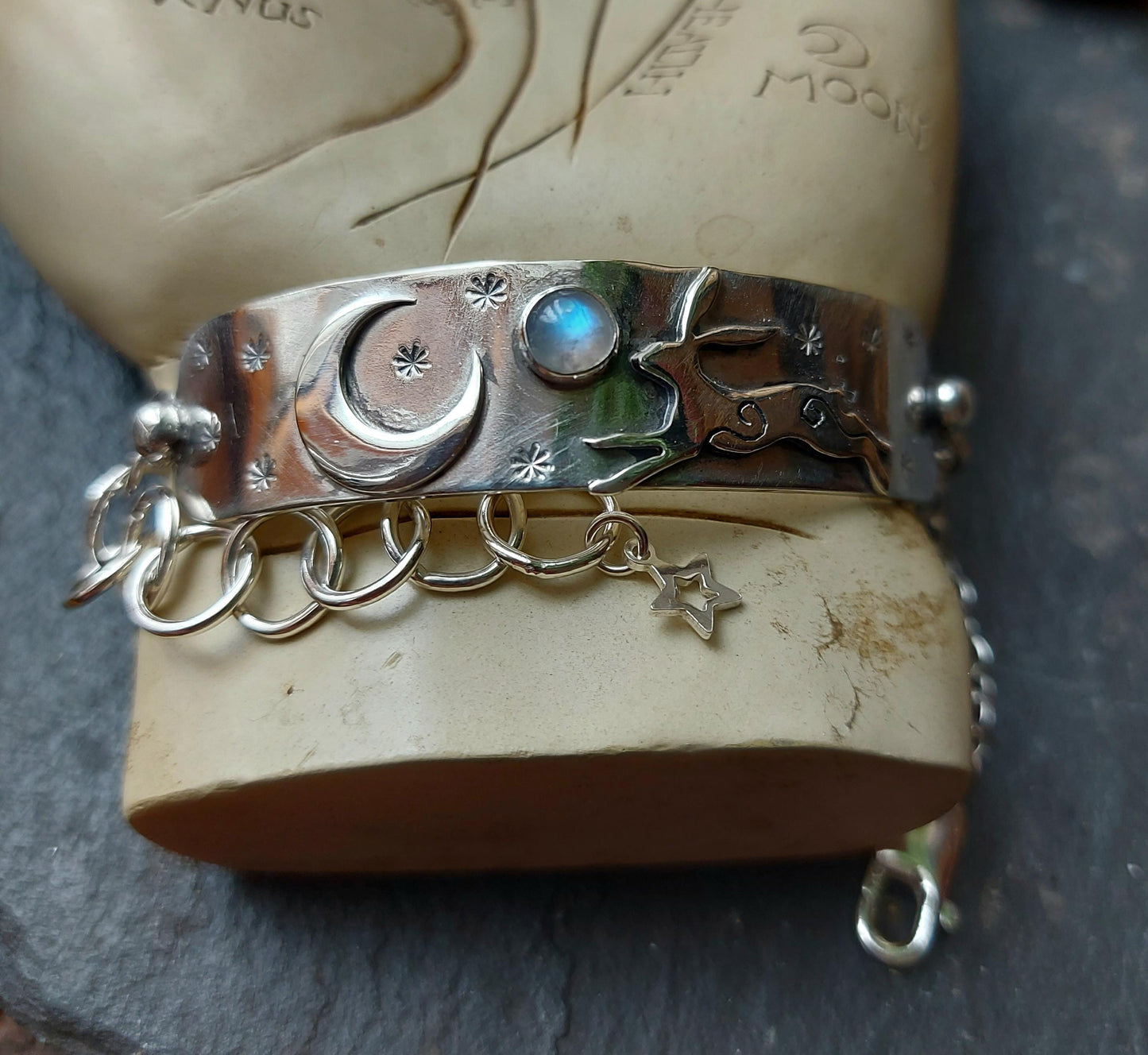Silver leaping hare with Moonstone and Stars, bar bracelet with star charm and and crescent moon