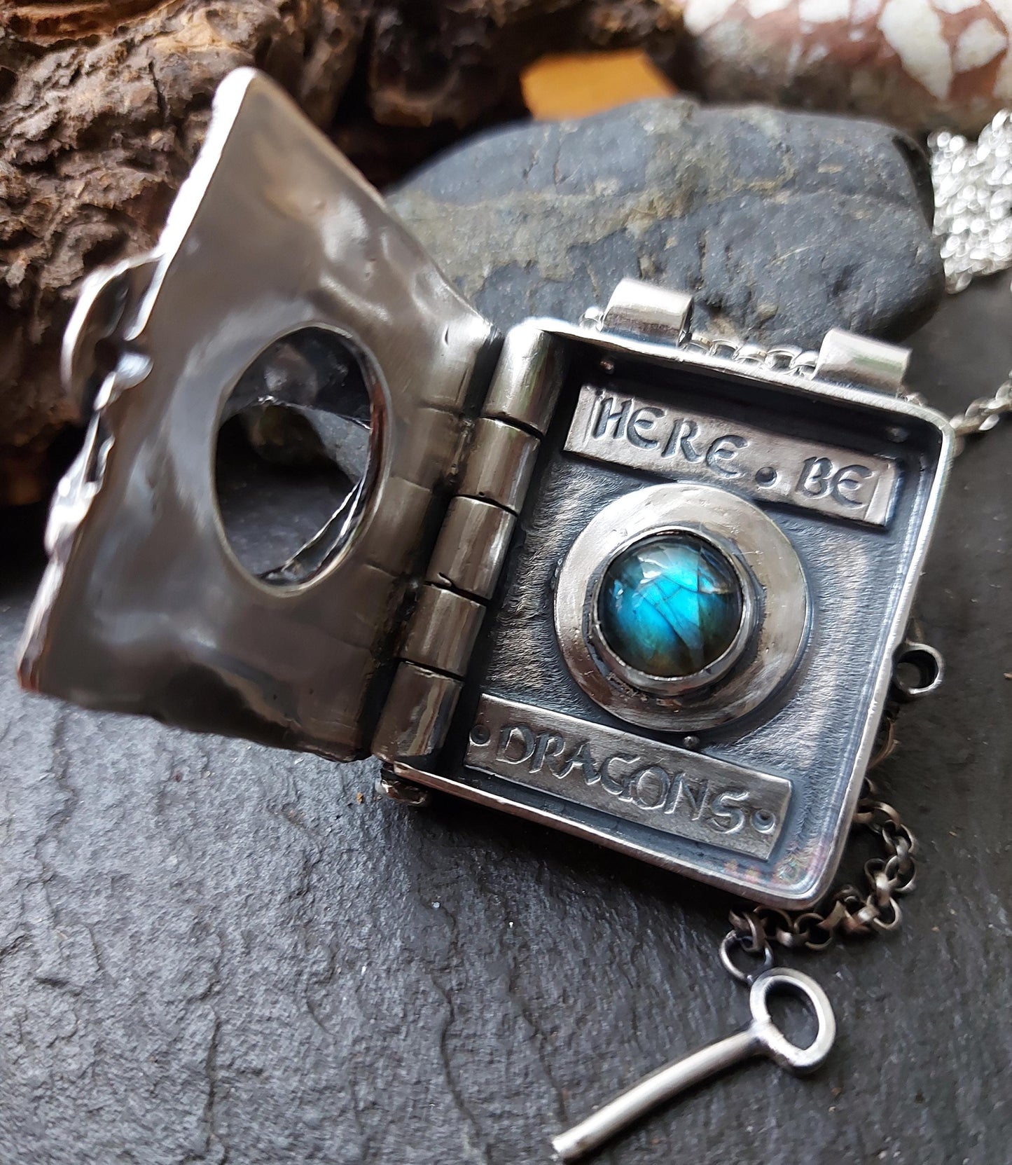 Sterling silver dragons eye locket with blue flash labradorite   Handmade silver locket with quote