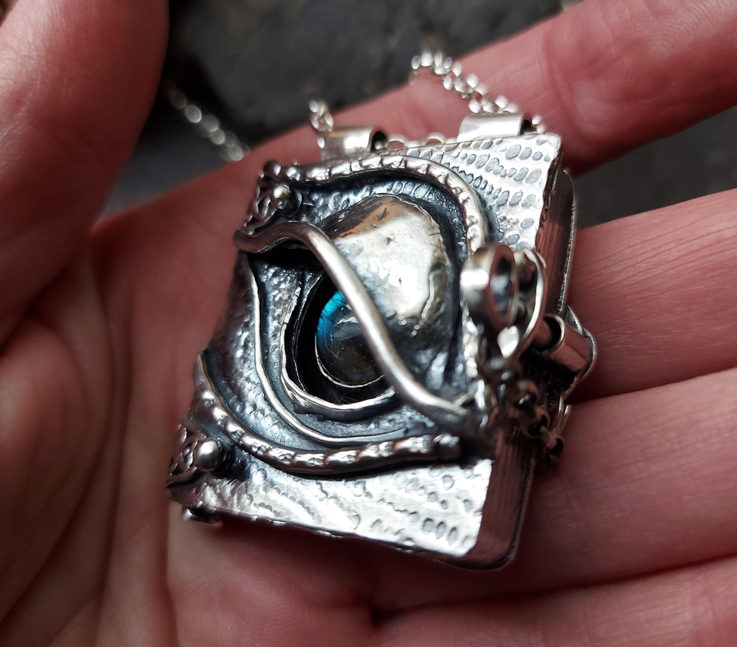 Sterling silver dragons eye locket with blue flash labradorite   Handmade silver locket with quote