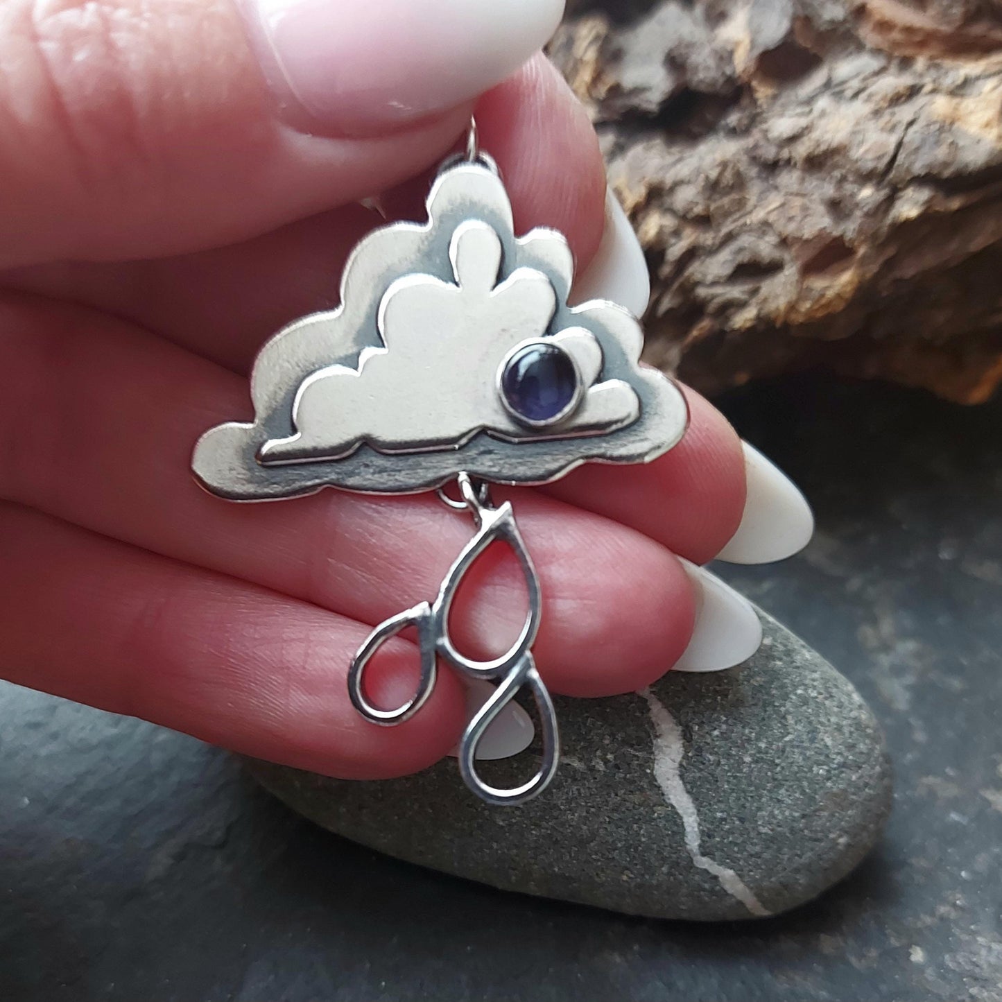 Silver cloud and raindrops necklace with iolite.,Sterling silver cloud with gemstone pendant