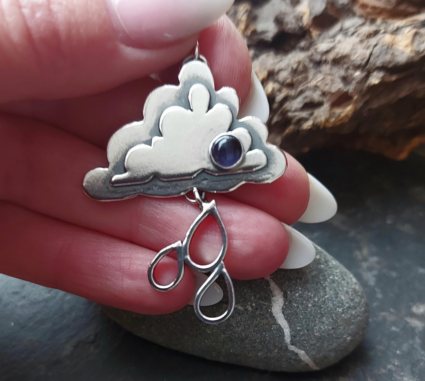 Silver cloud and raindrops necklace with iolite.,Sterling silver cloud with gemstone pendant