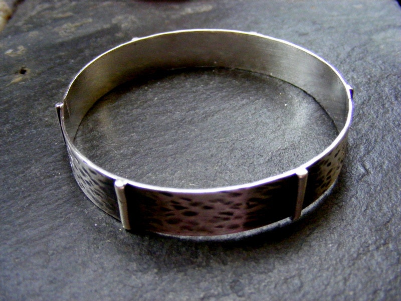 Silver Textured rustic Bangle with wood effect and silver Bars Silver Rustic wide Bracelet
