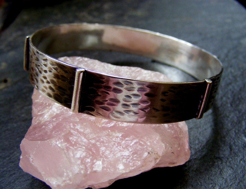 Silver Textured rustic Bangle with wood effect and silver Bars Silver Rustic wide Bracelet