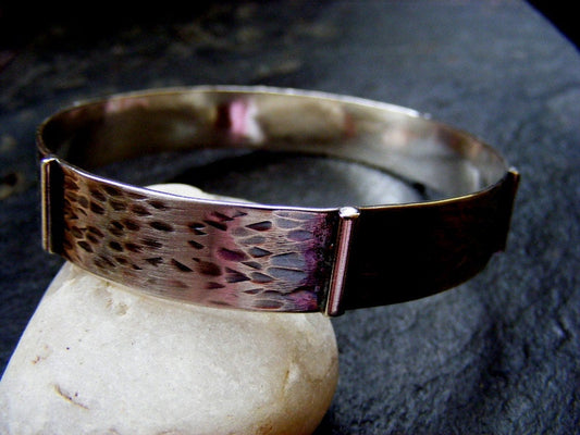Silver Textured rustic Bangle with wood effect and silver Bars Silver Rustic wide Bracelet