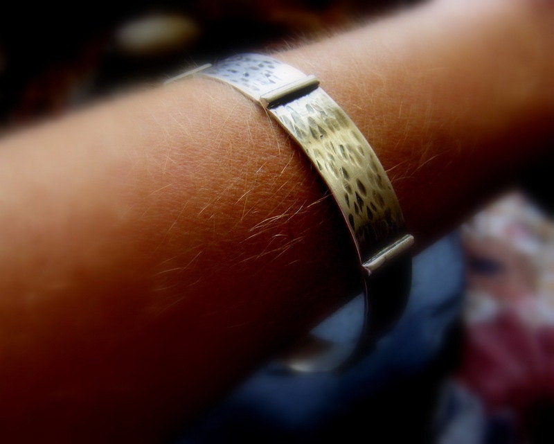 Silver Textured rustic Bangle with wood effect and silver Bars Silver Rustic wide Bracelet