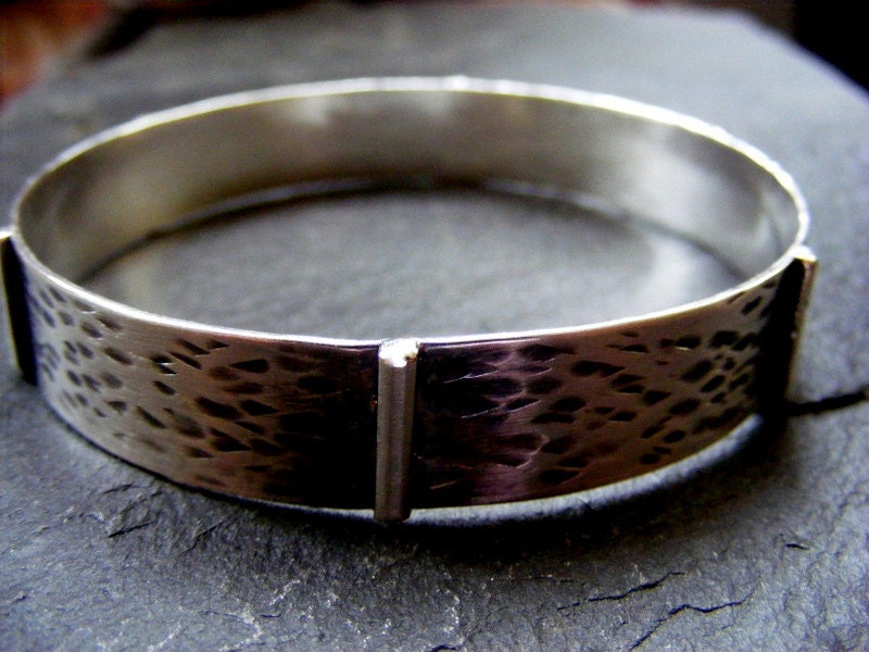 Silver Textured rustic Bangle with wood effect and silver Bars Silver Rustic wide Bracelet