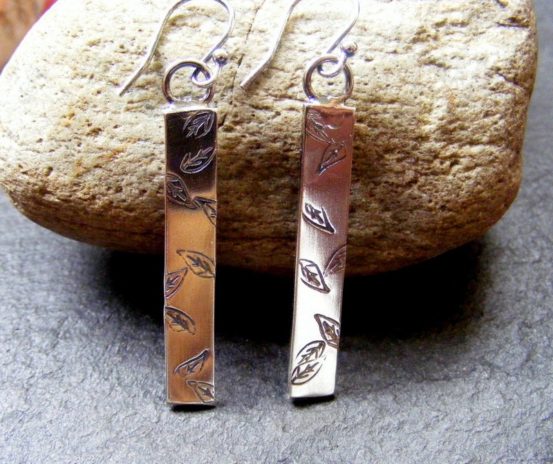 Silver Long Leaf Stamped Earrings  Textured elegant dangle earrings