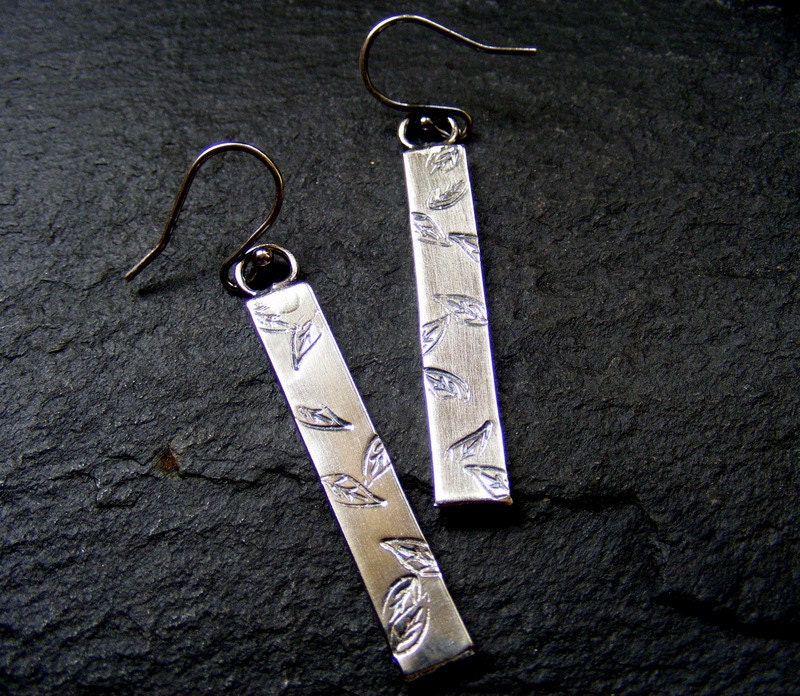 Silver Long Leaf Stamped Earrings  Textured elegant dangle earrings