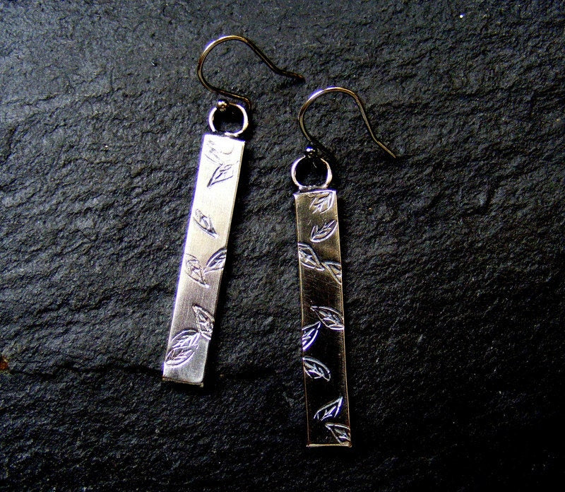 Silver Long Leaf Stamped Earrings  Textured elegant dangle earrings