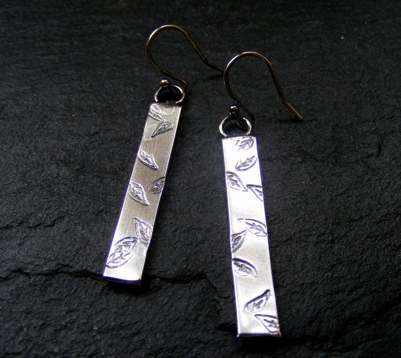 Silver Long Leaf Stamped Earrings  Textured elegant dangle earrings