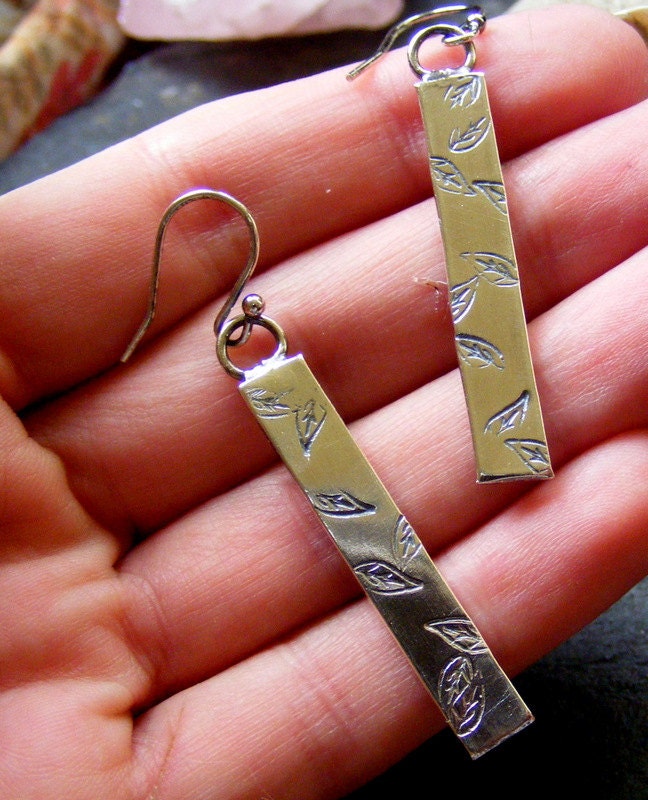 Silver Long Leaf Stamped Earrings  Textured elegant dangle earrings