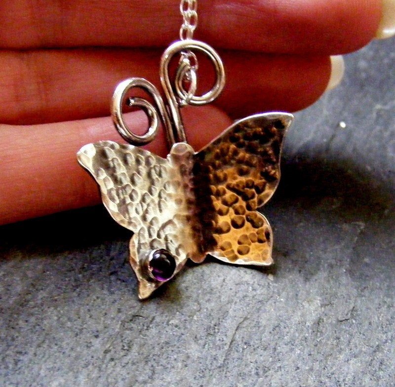 Silver Butterfly hammered Necklace with Amethyst Rustic Butterfly