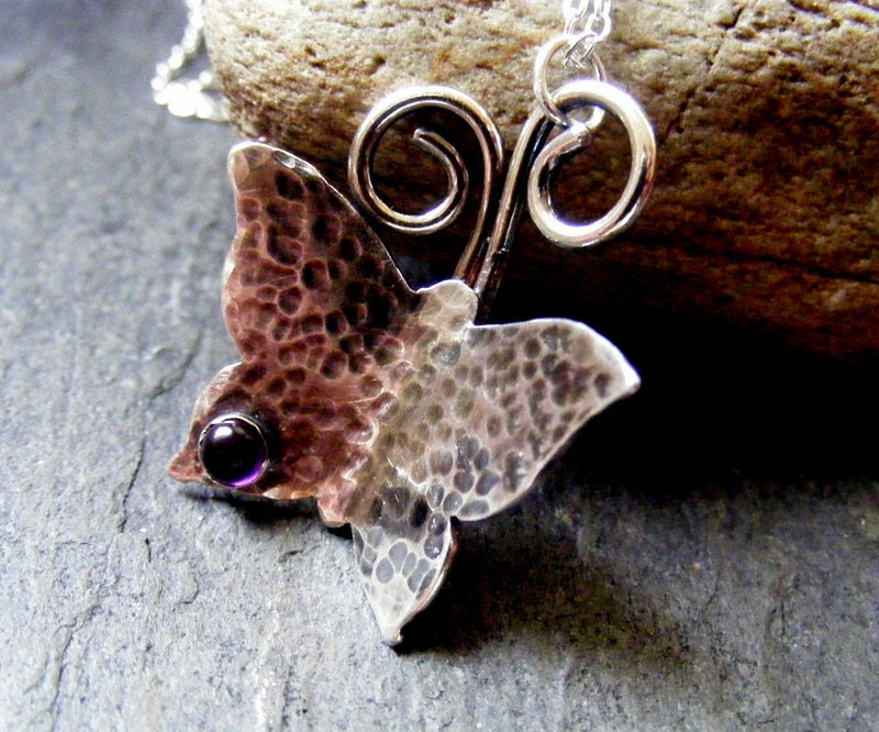 Silver Butterfly hammered Necklace with Amethyst Rustic Butterfly