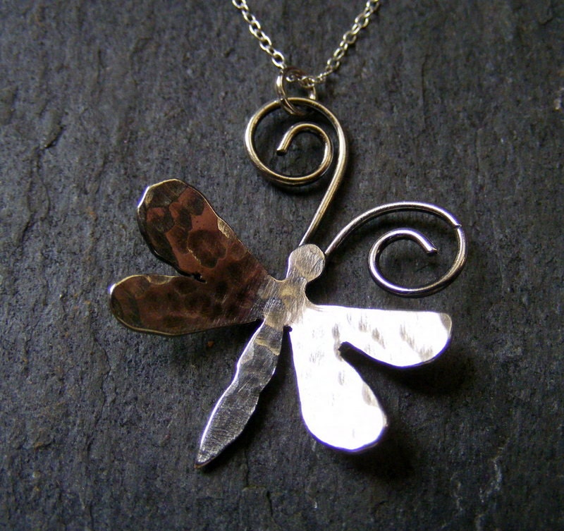Silver Dragonfly hammered Necklace with silver chain Sterling Rustic Dragonfly