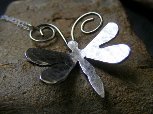 Silver Dragonfly hammered Necklace with silver chain Sterling Rustic Dragonfly
