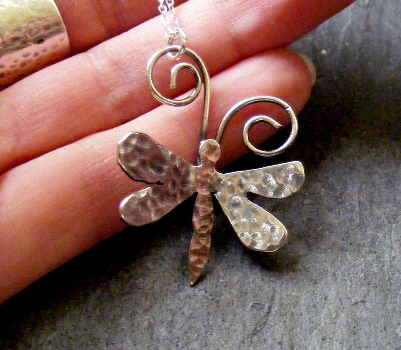 Silver Dragonfly hammered Necklace with silver chain Sterling Rustic Dragonfly