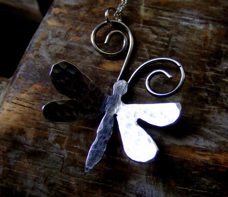 Silver Dragonfly hammered Necklace with silver chain Sterling Rustic Dragonfly
