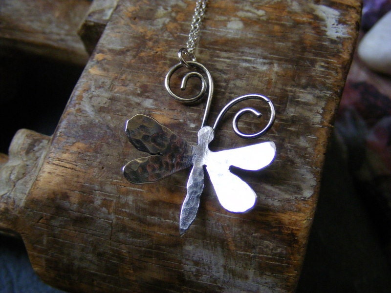 Silver Dragonfly hammered Necklace with silver chain Sterling Rustic Dragonfly