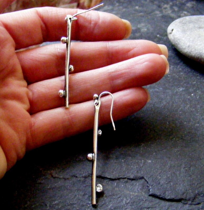 Silver Long Twig Earrings  Rustic bud dangle drop earrings