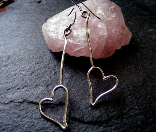 Silver Long Dangle Heart Earrings  Sterling Heart dangle drop earrings