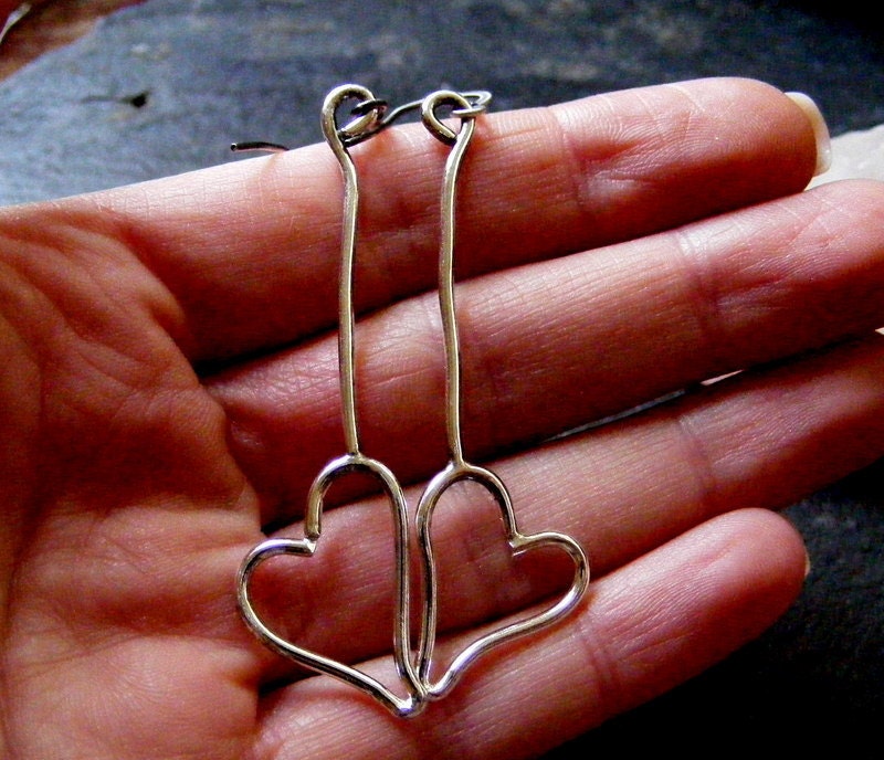 Silver Long Dangle Heart Earrings  Sterling Heart dangle drop earrings