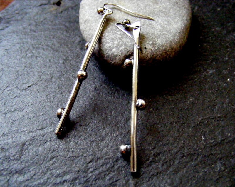 Silver Long Twig Earrings  Rustic bud dangle drop earrings