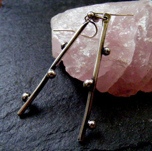 Silver Long Twig Earrings  Rustic bud dangle drop earrings