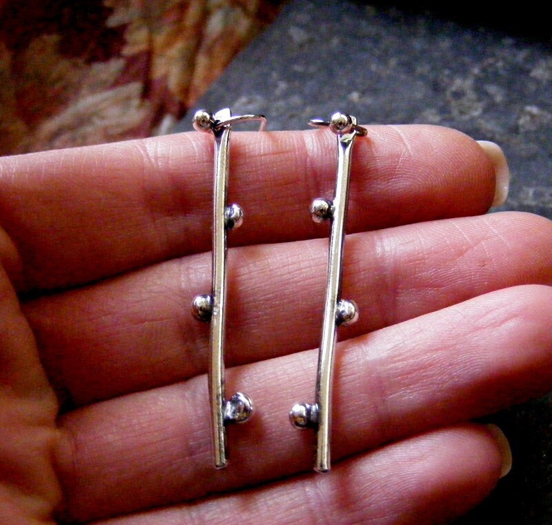 Silver Long Twig Earrings  Rustic bud dangle drop earrings