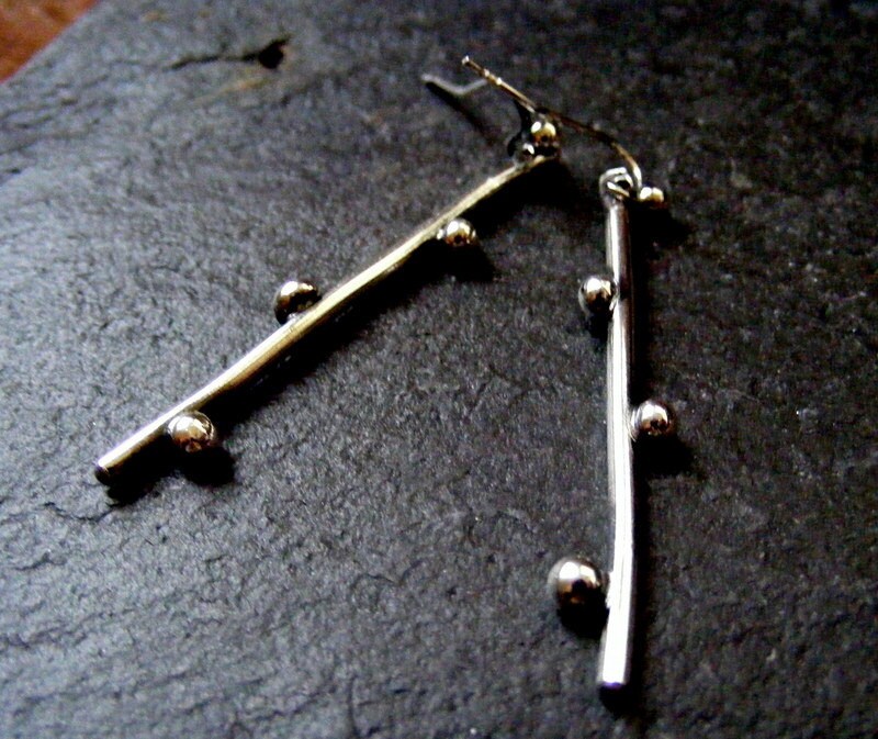 Silver Long Twig Earrings  Rustic bud dangle drop earrings