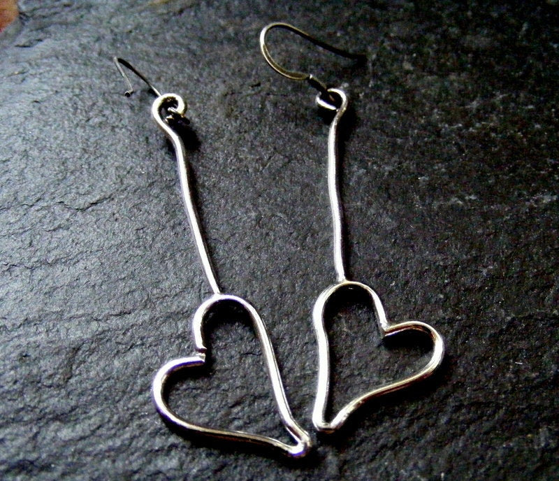 Silver Long Dangle Heart Earrings  Sterling Heart dangle drop earrings