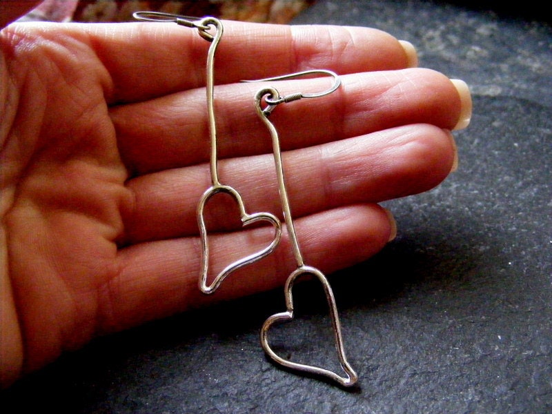 Silver Long Dangle Heart Earrings  Sterling Heart dangle drop earrings