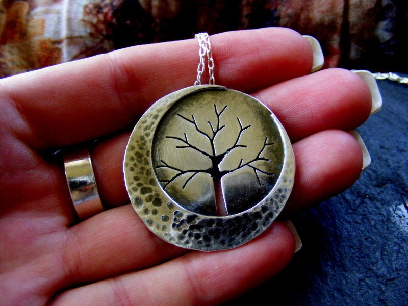 Silver Large Crescent Moon Tree pendant with hammered detail and silver trace chain