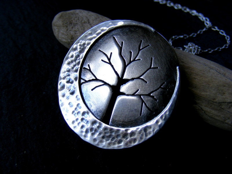 Silver Large Crescent Moon Tree pendant with hammered detail and silver trace chain