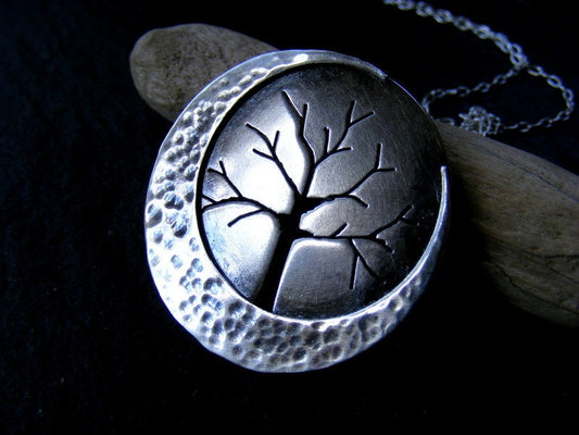 Silver Large Crescent Moon Tree pendant with hammered detail and silver trace chain
