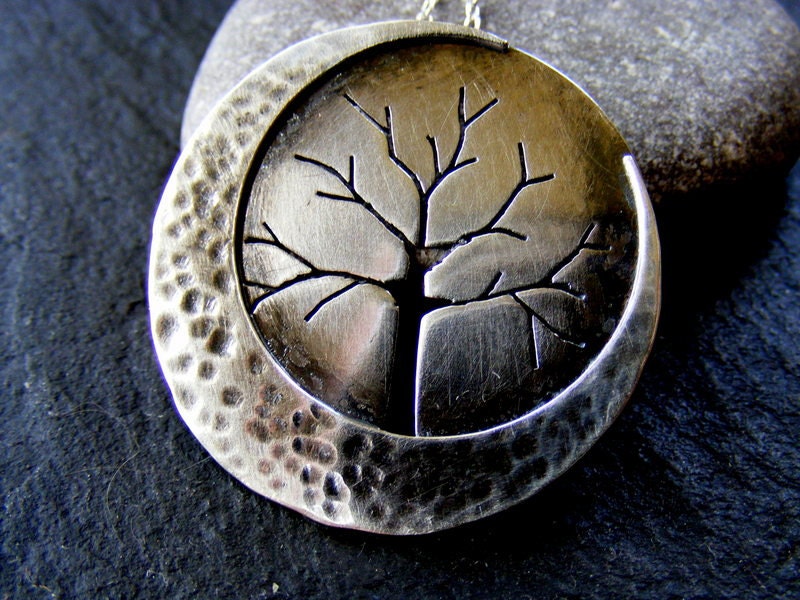Silver Large Crescent Moon Tree pendant with hammered detail and silver trace chain