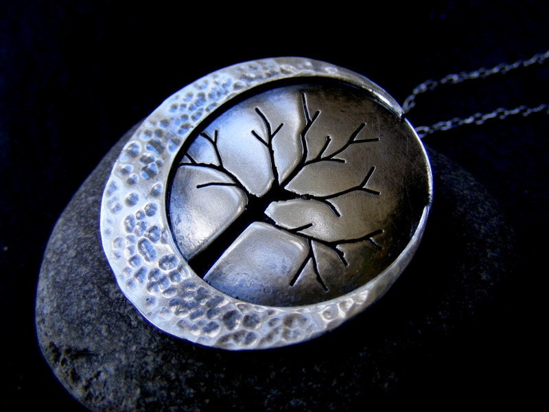 Silver Large Crescent Moon Tree pendant with hammered detail and silver trace chain