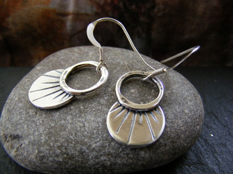 Silver Crescent Sunburst Hammered Gypsy hoop dangle earrings rustic hoops
